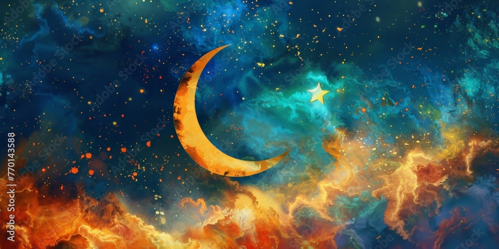 Fototapeta premium Fiery Cosmic Sky with Golden Crescent Moon and Lone Star