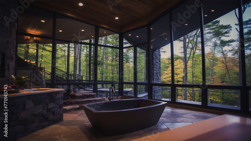 Stunning modern bathroom with large windows and a forest view, featuring a freestanding bathtub, stone walls, and a minimalist design