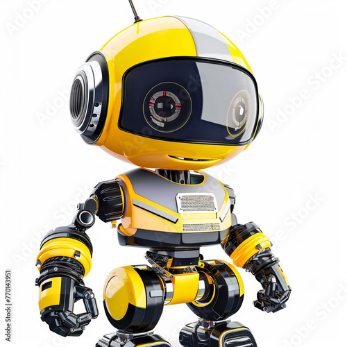 Robot wearing a factory helmet on white backbround