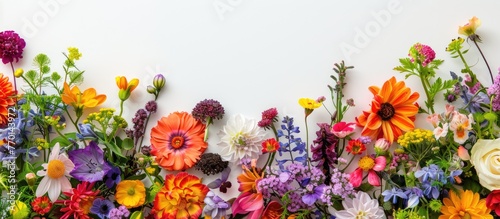 Floral arrangement. Wreath comprised of different vibrant flowers against a white backdrop. Representing Easter, spring, and summer themes. Flat lay style with a top-down view and room for text.