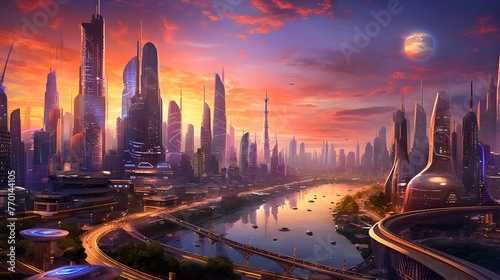 Panoramic view of the city at sunset. Illustration.