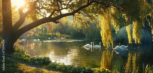 A serene park with a peaceful pond, elegant swans, and weeping willow trees.