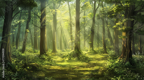 A serene forest glade with shafts of sunlight filtering through the trees, illuminating the forest floor