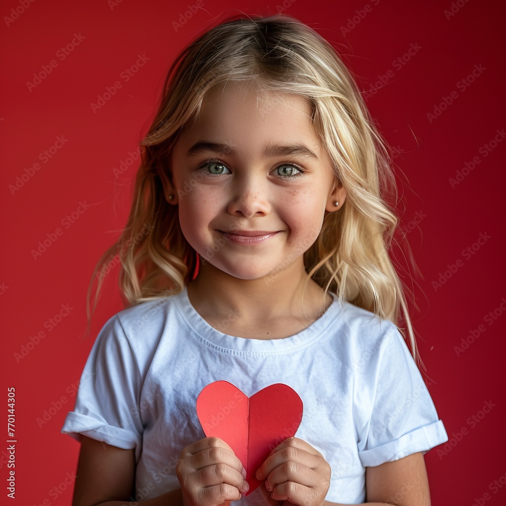 Beautiful blonde girl has a paper heart, portrait photo Beautiful blonde girl has a paper heart, portrait photo