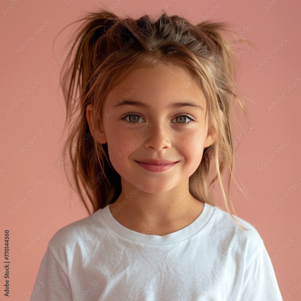 Fototapeta premium Young girl 10 years old, wearing white t-shirt, portrait photo