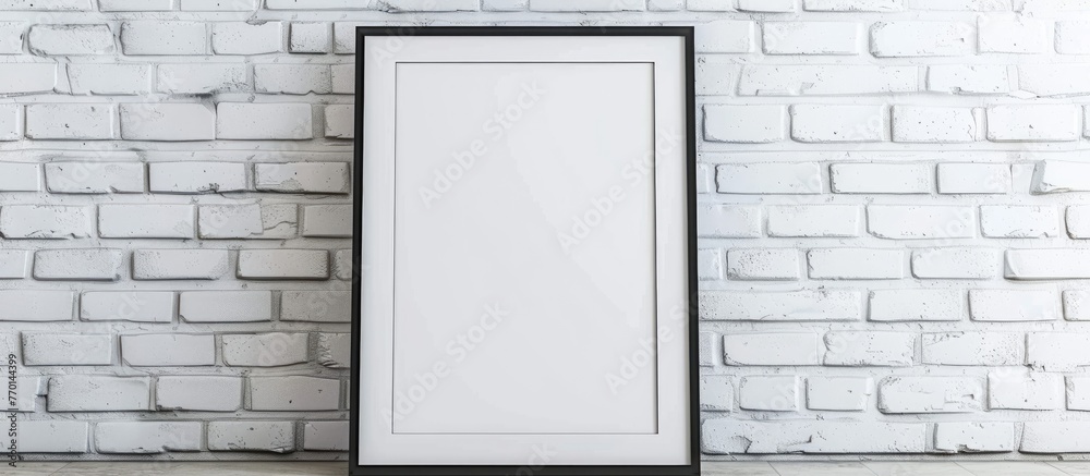 Empty picture frame on textured white brick wall.