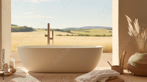 Freestanding bathtub with a rural landscape view  neutral colors  interior design  minimalist style  natural light
