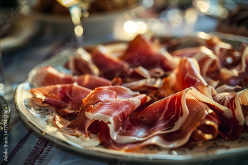 Gourmet cured ham served on a decorative plate. Generative AI image photo