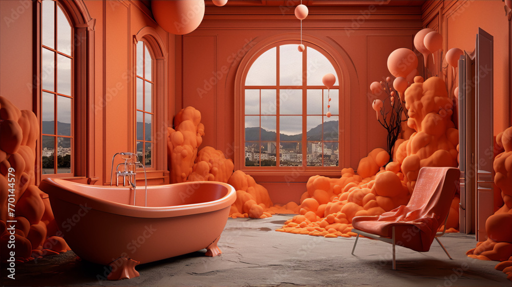 Pink surreal bathroom with pink bathtub and pink puffy clouds, pink arched windows and pink draped chair, 3D rendering - obrazy, fototapety, plakaty 