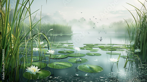A tranquil pond surrounded by tall grasses and water lilies, with dragonflies darting above the surface