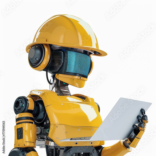 Robot wearing a factory helmet on white backbround photo