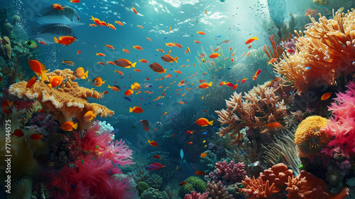 A vibrant coral reef teeming with life, with colorful fish darting among intricate coral formations © Image Studio