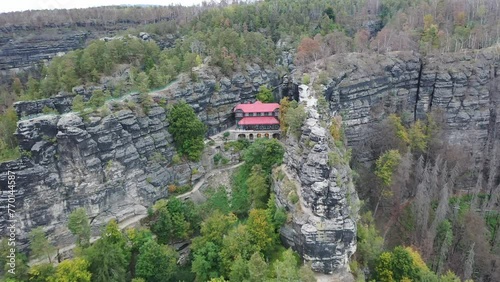 Hransko, aerial panoramic view of the famous Prabcicka Brna National Park of Bohemian Switzerland  photo