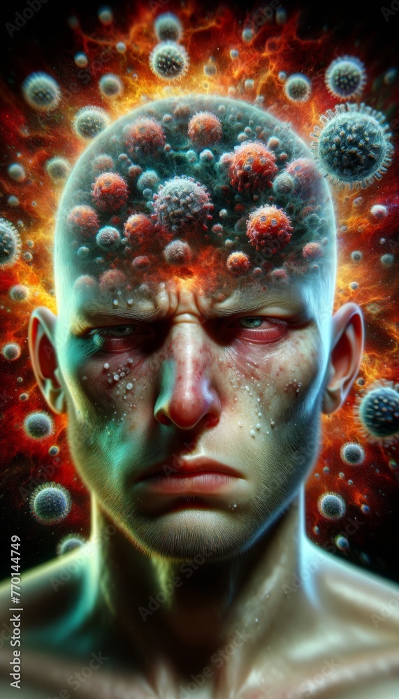 Dramatic Representation of Man Encircled by Pathogens, Symbolizing ...