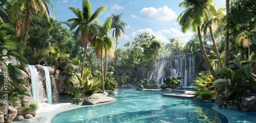 A lush tropical oasis with palm trees, a cascading waterfall, and a serene swimming pool.