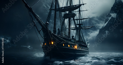 a tall sail ship sailing through rough ocean