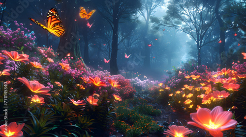colorful fantasy forest foliage at night, glowing flowers and beautifuly butterflies as magical fairies, bioluminescent fauna as wallpaper background photo