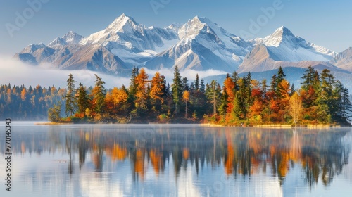 Vibrant autumn sunrise at high tatra lake with majestic mountains and pine forest reflection