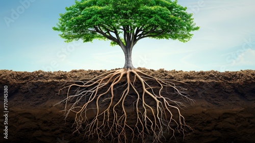 Green tree with visible roots and ample space for text placement in the background
