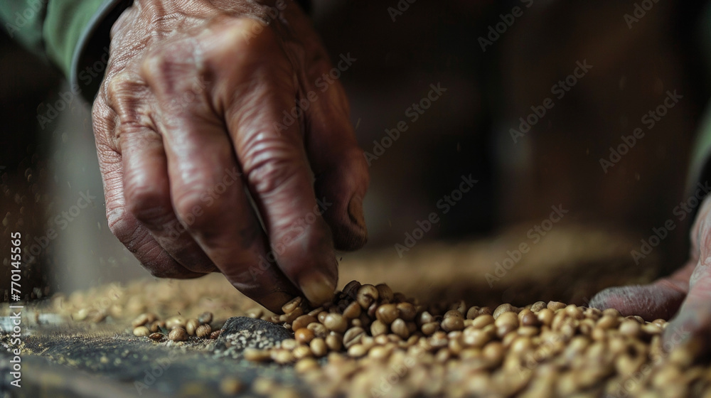 A man is seen creating something with various nuts on a table. A man is seen creating something with various nuts on a table.
