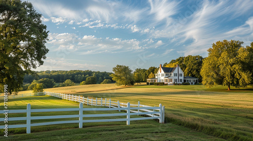 A traditional farmhouse with a white picket fence and a sprawling field.