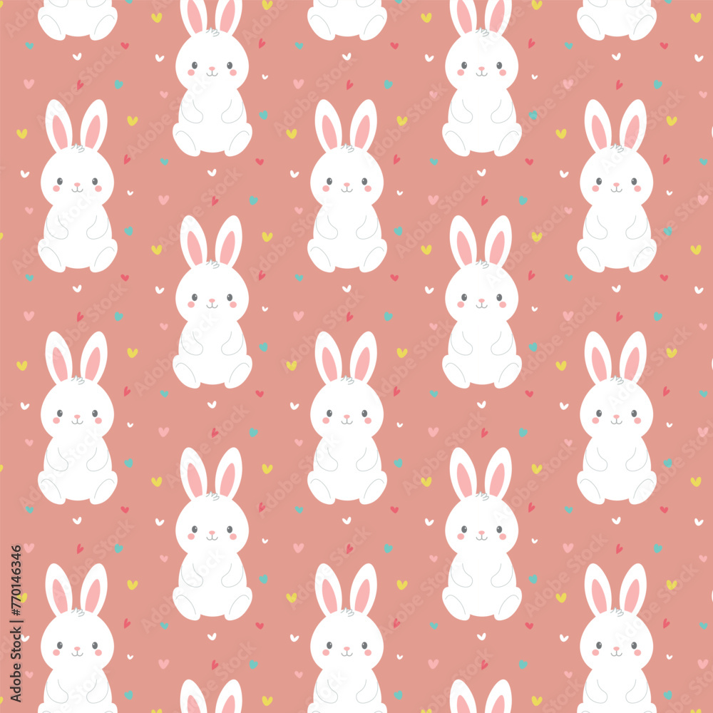 Cute pattern featuring white rabbits, with small colorful hearts interspersed throughout. Seamless pattern with bunny rabbit cartoons, cute colorful hearts, vector illustration
