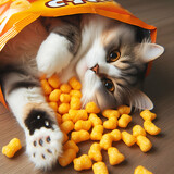 Cat Laying on its' Back Inside a Bag of Cheese Corn Puffs 