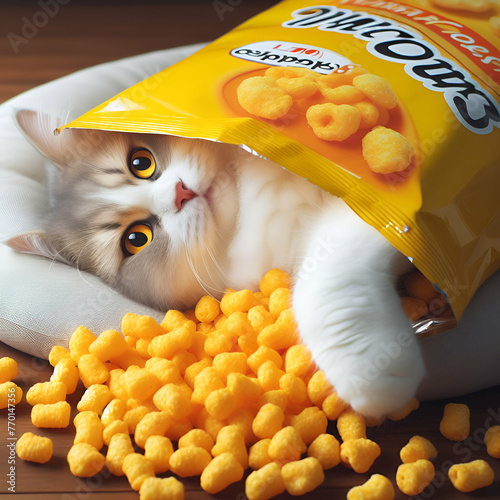 Hungry Healthy Energetic Pet Cat Kitten Animal Laying on its' Back Inside with Paws Sticking Out Inside a Foil Food Package Bag, Delicious Tasty Dry Cheese Corn Puffs. Domestic Balanced Diet Home Life