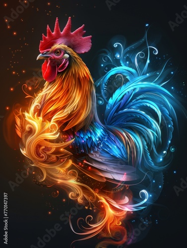 A rooster with a red head and a colorful tail. A magical creature made of fire.