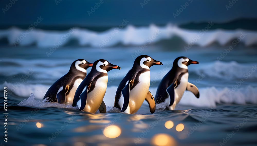 Obraz premium penguins swimming in the ocean during a stormy night