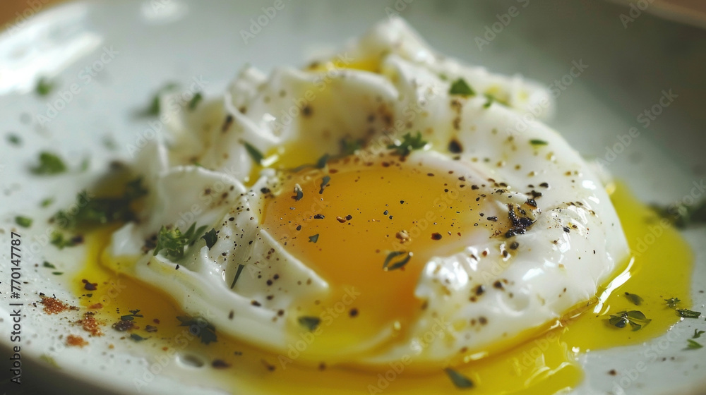 A white plate with a single egg placed on top, sitting on a table surface. A white plate with a single egg placed on top, sitting on a table surface.