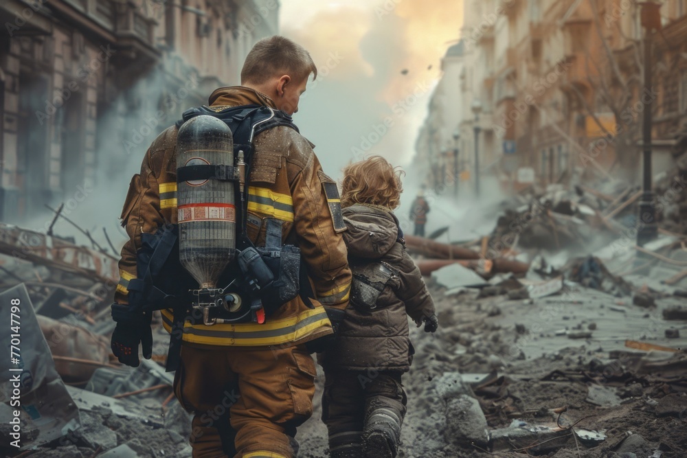 Fototapeta premium Heartwarming rescuers portrait, honoring bravery and compassion of those who dedicate their lives to saving others, capturing courage and selflessness of rescue workers in powerful visual narrative.