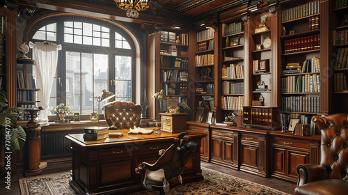 A cozy study room with a mahogany desk, a leather chair, and shelves filled with books.
