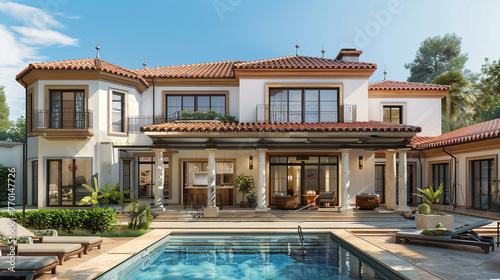 A luxurious Mediterranean villa with terracotta roof tiles and a sprawling courtyard. © Image Studio
