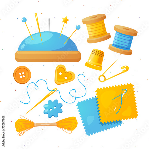 Set of colorful symbols with tools for sewing.
