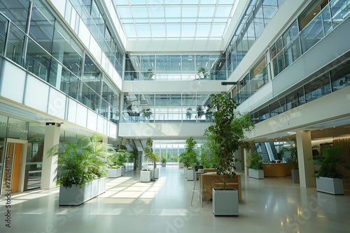 A modern office building with a sleek glass facade  landscaped atrium  and open-plan workspaces.