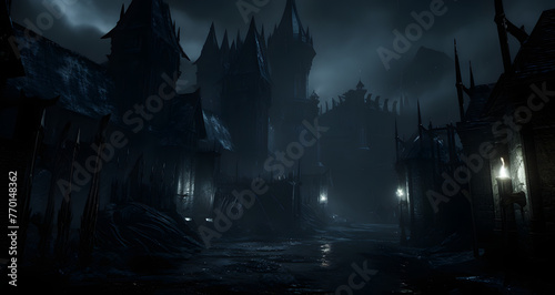 an eerie dark city at night with glowing lights