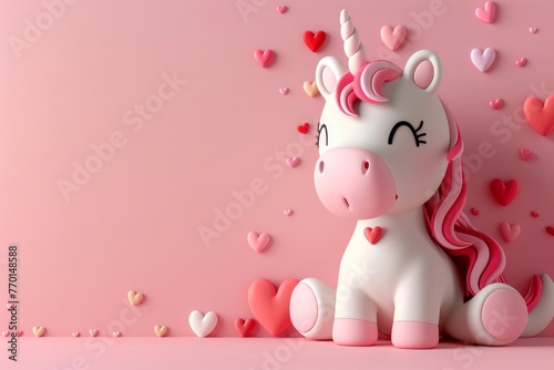 A white unicorn with a pink mane sitting on a pink surface.