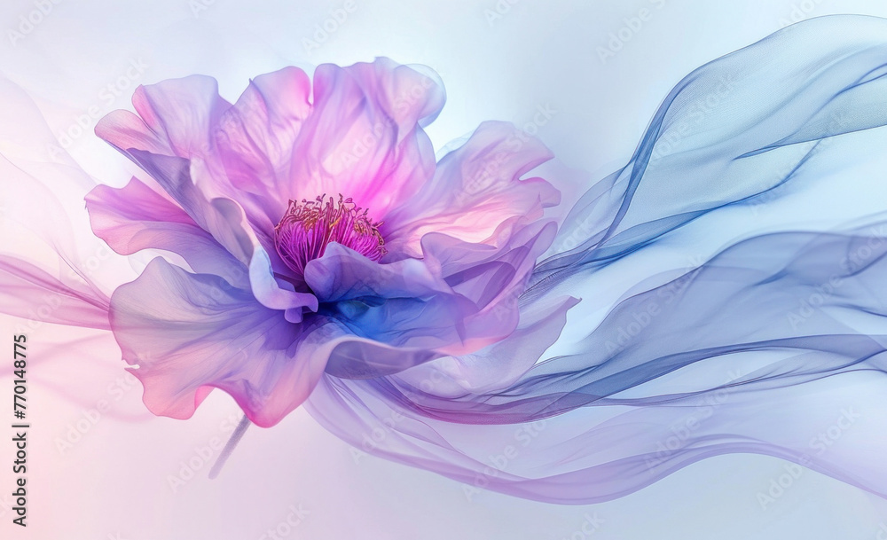 Obraz premium Beautiful Flower with Blue and Pink Petals Dancing in the Wind against a Soft Background