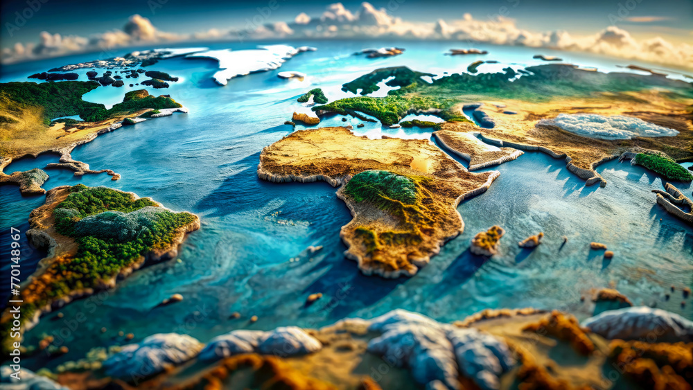 A 3d world map with ocean in the background. Generative ai
