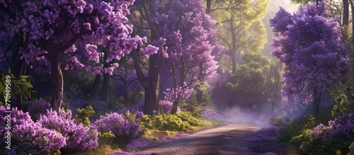 Fantasy setting of a magical forest with a road running through it  showcasing a lovely spring scene with blooming lilac trees.