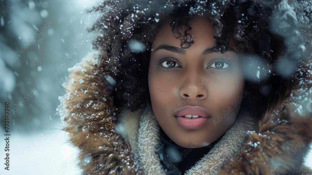 A beautiful woman, smiling and dancing in the snow