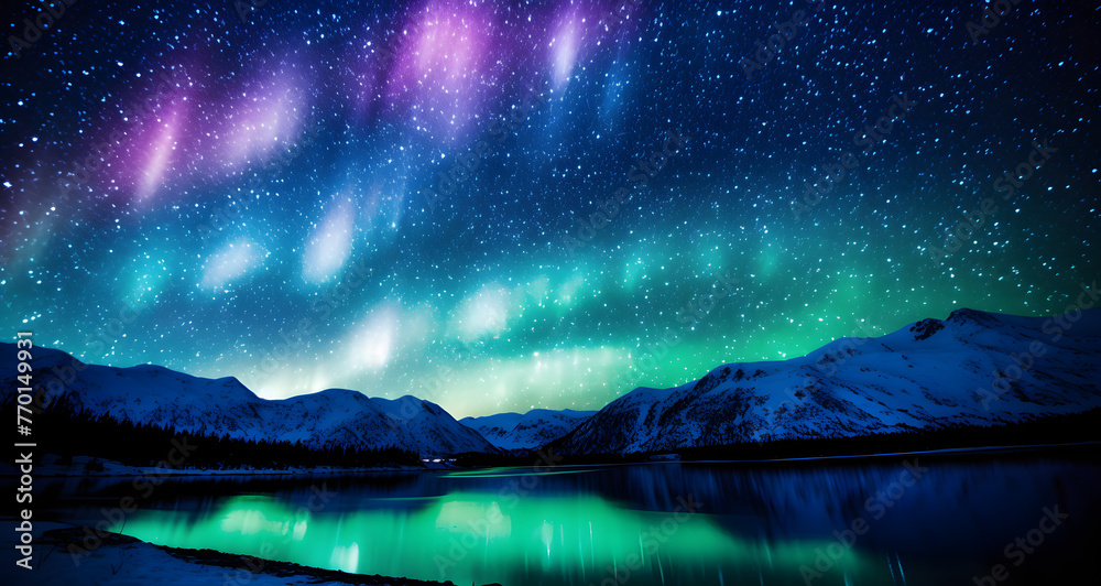 a green and purple aurora lit sky over snow covered mountains