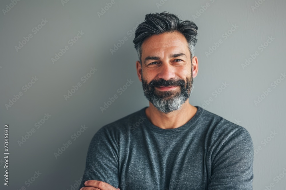 Handsome bearded man in casual clothes is looking at camera and smiling while standing against grey background Handsome bearded man in casual clothes is looking at camera and smiling while standing against grey background