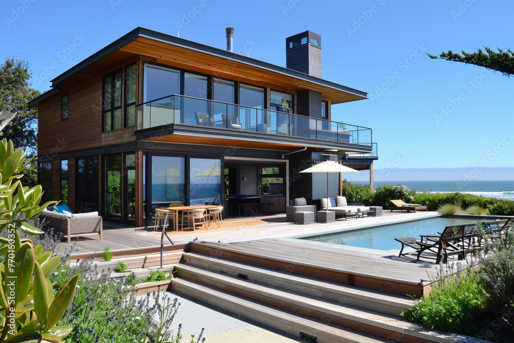 A contemporary beach house with expansive windows, a rooftop deck, and panoramic views of the ocean.