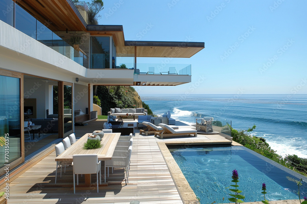 A contemporary beach house with a panoramic ocean view, a spacious deck, and a private pool.