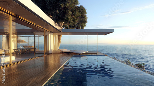 A contemporary beach house with floor-to-ceiling windows and a private infinity pool.