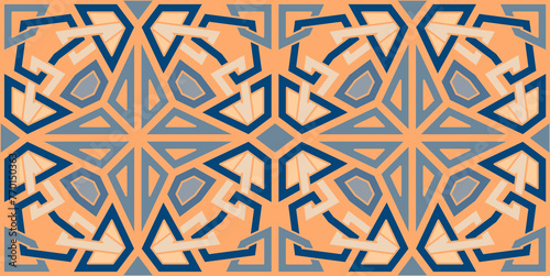 Seamless Islamic geometric pattern, a new and unique design in a modern and creative way, Moroccan ornament, Arabic drawings and decorations, orange and blue photo