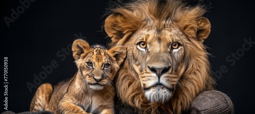 Male lion and cub portrait with space for text  object on right side  perfect for detailed captions