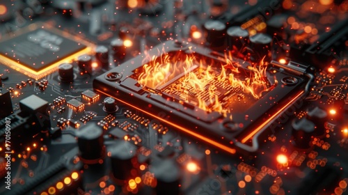 A close up of a computer motherboard with fire on it. Chip on fire with energy and lava effects.